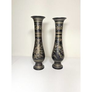 Pair of Solid Brass & Black etched vases floral Made In India